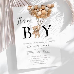 Invito modificabile per baby shower "It's a Boy Bear", invito digitale a forma di mongolfiera con orsetto, modello stampabile per baby shower per bambini, WCBW