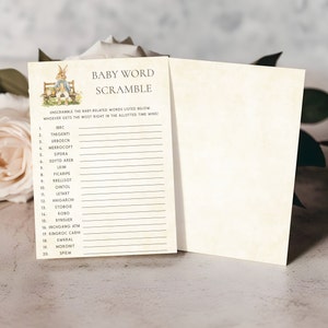 Peter Rabbit Baby Shower Word Scramble con clave de respuestas, Juego de baby shower, Rompecabezas de palabras de baby shower, Descarga instantánea, PRVG
