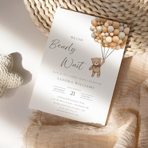 Invito per baby shower We Can Bearly Wait, tema palloncino orsetto, baby shower gender neutral, modello modificabile, WCBW