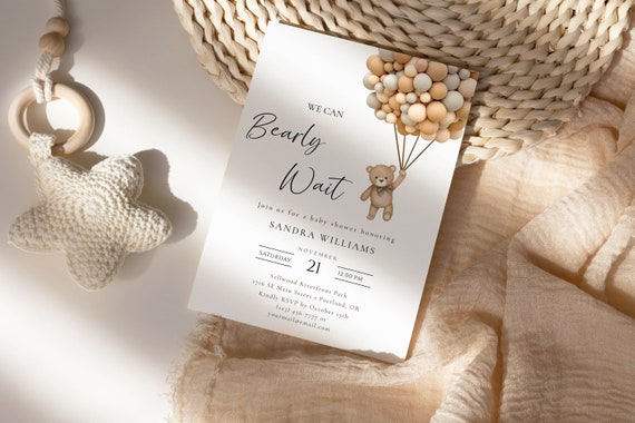 We Can Bearly Wait Invite, Teddy Bear Balloons Baby Shower Invitation, Editable Template, WCBW
