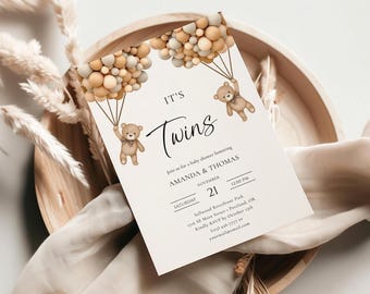 Twins Teddy Bear Baby Shower Invite, Bearly Wait Twin Baby Invitation, Bear Balloon Twins Shower Invite, Editable Template, WCBW