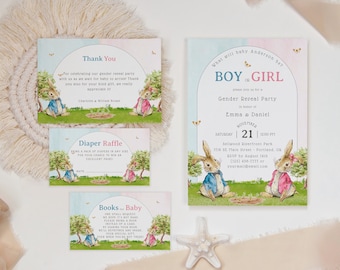 Editable Boy or Girl Gender Reveal Invitation Bundle Template, Boy or Girl Gender Reveal Printable Invite Set, He or She Peter Rabbit Theme