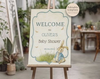 Peter Rabbit Baby Shower Welcome Sign Editable, Vintage Bunny Poster, PRV