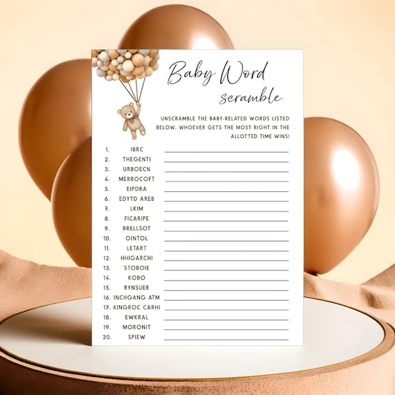 Teddy Bear Baby Shower Word Scramble Game Printable, Bear Shower Activity, Instant Download, WCBW