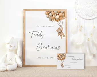 ¿Cuántas galletas Teddy Grahams hay? Juego para baby shower imprimible, cartel de baby shower de oso, descarga instantánea, WCBW