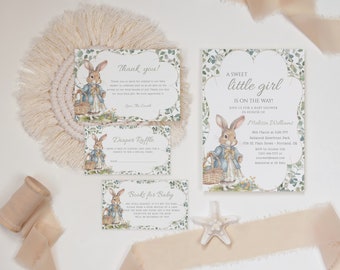 Editable Peter Rabbit Girl Baby Shower Invitation Set, Greenery Bunny Baby Shower, Diaper Raffle, Books for Baby, Download, Template, GPR