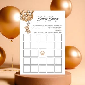 Carte de jeu de bingo pour baby shower ours en peluche, activité baby shower ballon ours brun, jeu amusant We can Bearly Wait imprimable, WCBW