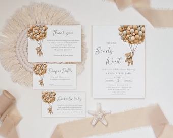 Bearly Wait Baby Shower Invitation Bundle, Brown Balloons Teddy Bear Set, Editable Template WCBW