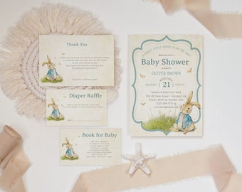 Charming Peter Rabbit Baby Shower Bundle: Editable Invites, Books for Baby, Diaper Raffle & Thank You Cards - Instant Download via Corjl PRV