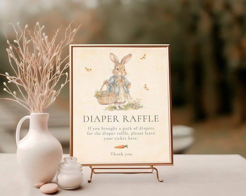 Peter Rabbit Diaper Raffle Sign, Vintage Girl Baby Shower Game Sign ...