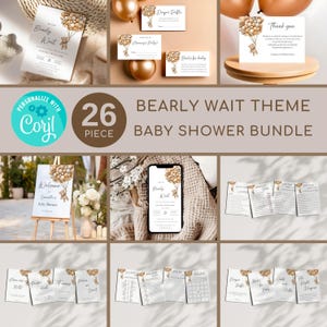 Bearbeitbar We Can BearlyWait-Babyparty-Einladungspaket, Braunbär-Ballon-Babypartyschilder, Boho-Bär-Babypartyspiele, Corjl WCBW