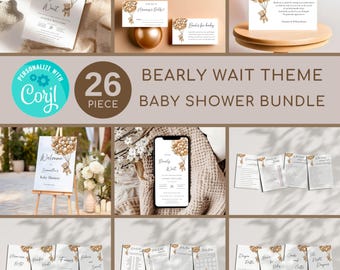 We Can Bearly Wait Baby Shower Bundle, Gender Neutral Brown Teddy Bear, Template WCBW