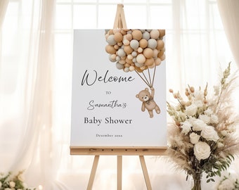 We Can Bearly Wait Baby Shower Welcome Sign, Teddy Bear Balloon Welcome Poster, Neutral Bear Shower Sign, Editable Template, WCBW