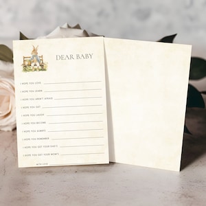 Peter Rabbit lieve baby Afdrukbare wensen voor baby, lieve babykaarten, direct downloaden, spel babywensen, babyshoweractiviteit, PRVG