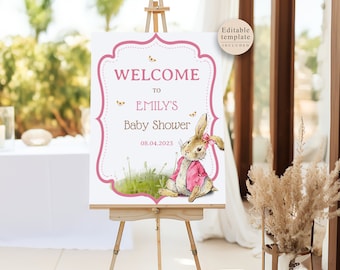 Editable Peter Rabbit Baby Shower Welcome Sign, Pink Peter Rabbit Baby Shower Welcome Sign, Girl Peter Rabbit Baby Shower Sign, PRV