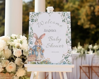 Editable Peter Rabbit Baby Shower Welcome Sign, Bunny Shower Welcome Poster, Vintage Storybook Rabbit Party Decor Printable, GPR