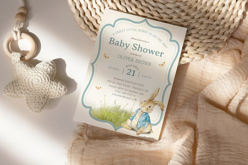 Peter Rabbit Baby Shower Invitation, Editable Invite Template, Rustic ...
