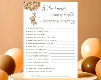 Teddy Bear Who Knows Mommy Best Game Printable, Neutral Baby Shower Activity, WCBW