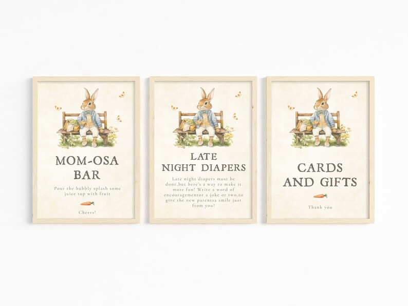 Puede incluir: Tres carteles imprimibles con una ilustraci&oacute;n de un conejito y texto. El primer cartel dice "Mom-osa Bar" y tiene instrucciones para verter burbujas y jugo. El segundo cartel dice "Late Night Diapers" y tiene texto sobre c&oacute;mo hacer que los cambios de pa&ntilde;ales sean divertidos. El tercer cartel dice "Tarjetas y Regalos" y tiene un mensaje de agradecimiento.