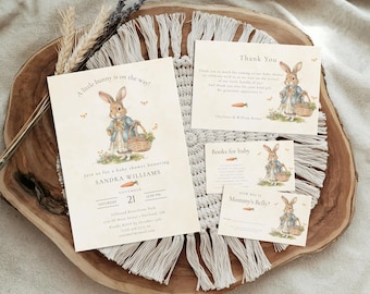 Conjunto de invitaciones editables para baby shower de niña con temática de Peter Rabbit, paquete de plantillas para baby shower con temática de conejitos, invitación vintage de conejo, descarga instantánea, PRV