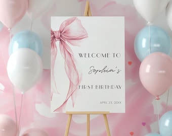 Rosa rosett för 1-årsdag, affisch för flickas första födelsedagsfest, välkomstskylt för kokett rosett, redigerbar mall, BBW3