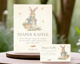 Peter Rabbit Diaper Raffle Sign, Vintage Girl Baby Shower Game Sign, Diaper Raffle Baby Shower Signs, Download, GPR