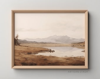 Vintage mountain landscape with lake and trees | Vintage printable artwork | Printable antique art