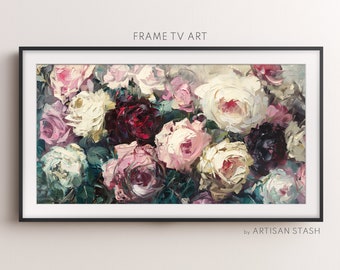 Abstract rose frame TV art | Rozes oil painting for TV | Textured Floral Oil Painting | Frame TV decor | TV012