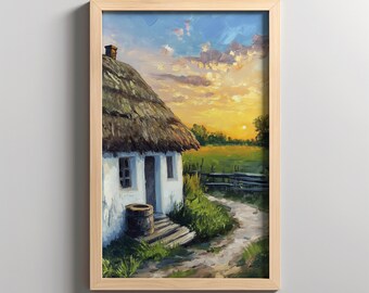 Ukrainian house in the village at sunset | Oil paint of sunset in village  | Vintage printable artwork | Printable antique art