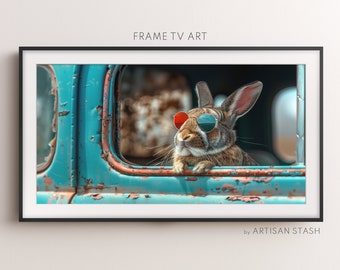 Easter bunny siting in old car | Bunny wearing glasses | Spring | Instant Decor | Spring TV Art | Frame TV Decor | Artisan Stash | TV025