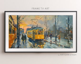 Tram in spring town | Vintage oil spring town paint | Spring | Instant Decor | Oil painting TV Art | Frame TV Decor | Artisan Stash | TV023