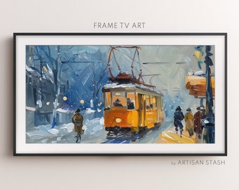 Tram in winter town | Vintage oil winter town paint | Winter | Instant Decor | Oil painting TV Art | Frame TV Decor | Artisan Stash | TV024