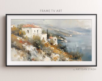 Landscape painting of an italian village | Sea and houses for Frame TV | Italian village Oil Painting | Frame TV decor | TV014