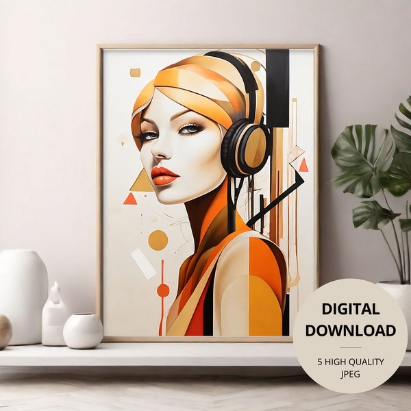 Abstract Female Portrait Poster, Modern Geometric Artwork, Music Lover Art Printable, Modern Living Room Wall Decor, Digital Download Music