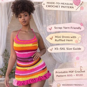 May include: A vibrant, handmade crochet halter dress with a ruffled hem. The dress displays horizontal stripes in shades of pink, orange, yellow, and purple. The image also includes text that says "Scrap Yarn Halter Dress" and "Made-to-Measure Crochet Pattern".