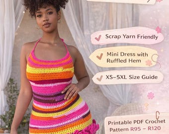 Virkmönster för halterneckklänning av scrap yarn | Miniklänning med volangkant | Måttbeställd PDF