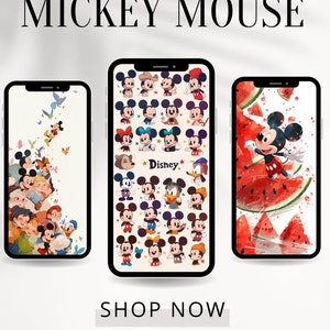 May include: Three different phone wallpapers featuring Mickey Mouse. The first wallpaper is a collage of Mickey Mouse characters. The second wallpaper features a grid of Mickey Mouse characters with the word "Disney" in the center. The third wallpaper features Mickey Mouse standing in front of a watermelon.