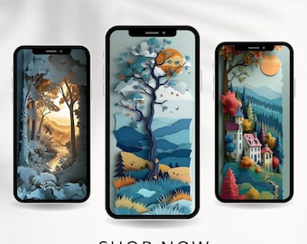 Fondo de pantalla para teléfono con recortes de papel: Ilustración de la naturaleza (Descarga digital)