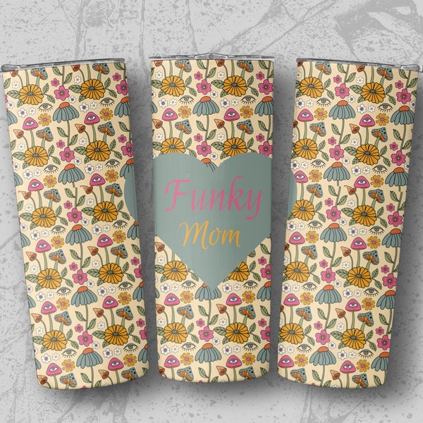 Funky Mom Heart Floral Tumbler, Colorful Vintage Flower Pattern Travel Mug, Stylish Retro Drinkware, Mothers Day Gift, Gift for her, Custom