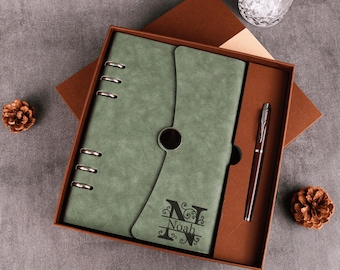 Personalized leather journal set, Engraved notebook, Personalized A5 notebook, Father's day gifts, Men's gift set, Custom graduation gift