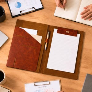May include: A brown leather portfolio folder featuring a diagonal pocket on the left side, a central pen holder with a silver pen, and a notepad on the right side with a brown header tab embossed with the gold letters HS.