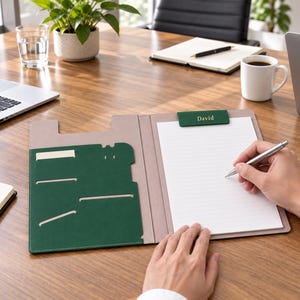 Può includere: Una cartella portadocumenti in pelle beige e verde scuro con una clip verde sulla parte superiore con il nome David stampato in oro. L'interno include un blocco note a righe e diverse fessure per carte o documenti sul lato sinistro.