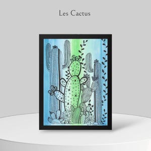 Origineel A4 aquarel schilderij, viltstift tekening: Cactussen