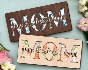 Letrero de madera personalizado para mamá, letrero floral con el nombre de mamá, regalo para mamá, regalo del Día de la Madre, letrero para mamá con los nombres de los niños, regalo de cumpleaños para mamá, flor de nacimiento