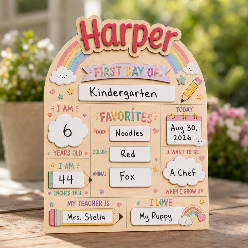 May include: A wooden arch-shaped sign for the first day of kindergarten featuring the name Harper in red letters. The board includes sections for age 6, height 44 inches, favorite food, color, animal, teacher Mrs. Stella, and career goal of a chef.