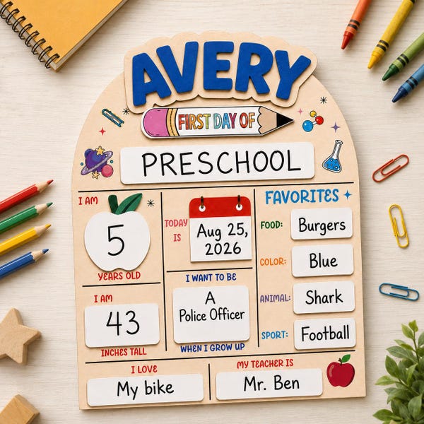 Cartello personalizzato per il primo e l'ultimo giorno di scuola, accessorio per foto di ritorno a scuola per bambini, cartello personalizzato in legno cancellabile a secco con nome, cartello per l'asilo.