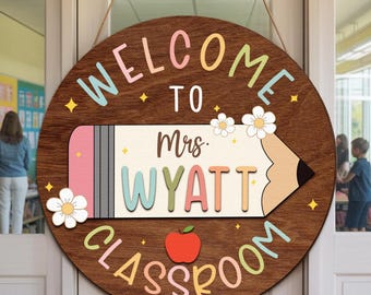 Letrero de puerta 3D personalizado para profesor, letrero de bienvenida para profesor, colgador de puerta para profesor, regalo de regreso a clases, letrero decorativo personalizado con el nombre del profesor para el aula.