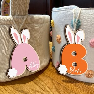Etiquetas personalizadas para nombre de conejito de Pascua, iniciales de conejo, etiqueta de madera con nombre personalizado, regalo de Pascua para canasta de primavera