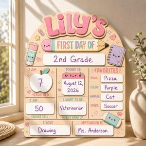 May include: A wooden arched sign titled Lily's First Day of 2nd Grade, featuring a pencil graphic, a glue stick, a notebook, and an eraser. It includes sections for age, date, height of 50 inches, favorites, future career, hobbies, and teacher name.
