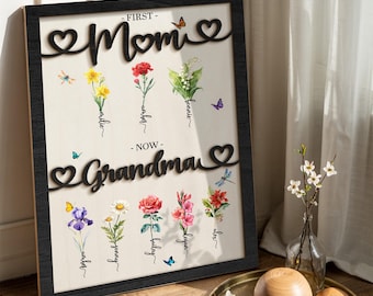 Personalized First Mom Now Grandma Sign, Birth Month Flower Sign Mother's Day Gift, Grandma's Garden Sign, Grandma Gift With Kids Names